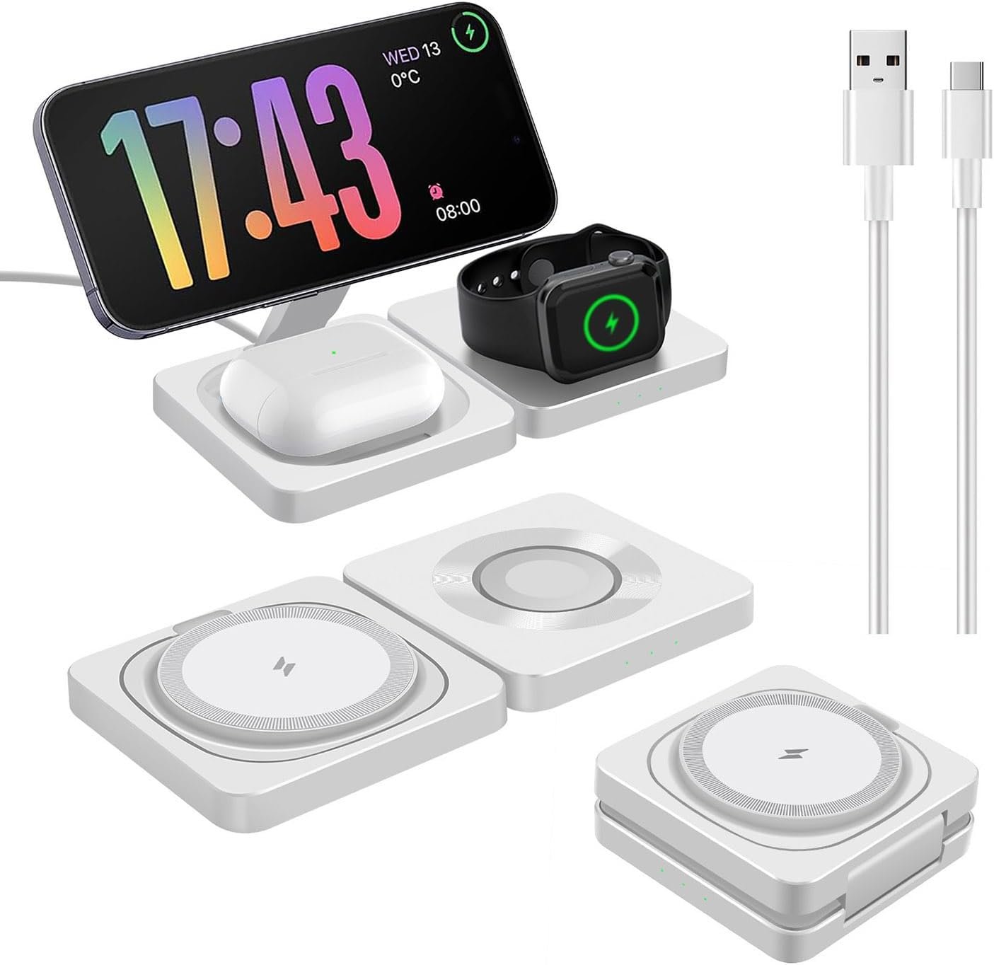 3 in 1 Wireless Charging Station Portable Travel Charger Wireless Charging Pad Magnetic Charger Stand for iPhone 16 15 14 13 12 Series,iWatch 10/Ultra 2/9/Ultra/8/SE2/7/6/Se/5/4/3/2,Airpod4/Pro/3/2