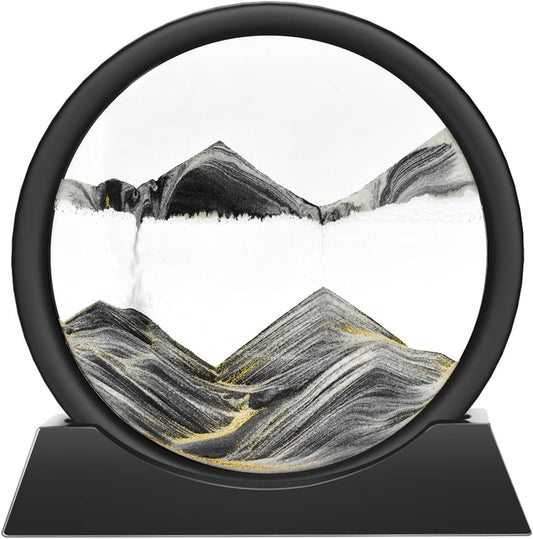 Wai Danie Moving Sand Art Picture 3D Hourglass Deep Sea Sandscape Liquid Motion Display Painting Flowing Sand Frame Relaxing Desktop Home Office Work Decor (Black, 7 inches)