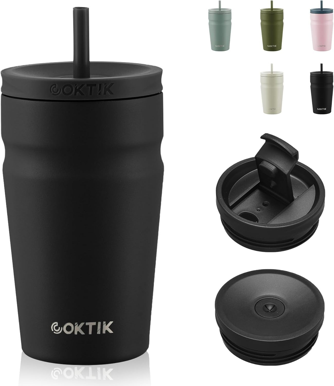 COKTIK 16oz Insulated Tumbler with Lid and Straw 2 Lids (Straw/Flip) Iced Coffee Cup Reusable Stainless Steel Travel Mug Water Bottle Cupholder Friendly for Women Men Her Him (Black)