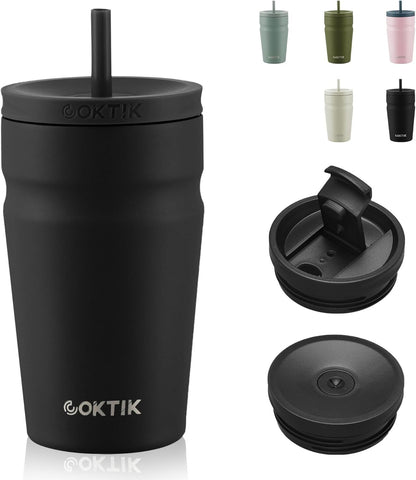COKTIK 16oz Insulated Tumbler with Lid and Straw 2 Lids (Straw/Flip) Iced Coffee Cup Reusable Stainless Steel Travel Mug Water Bottle Cupholder Friendly for Women Men Her Him (Black)