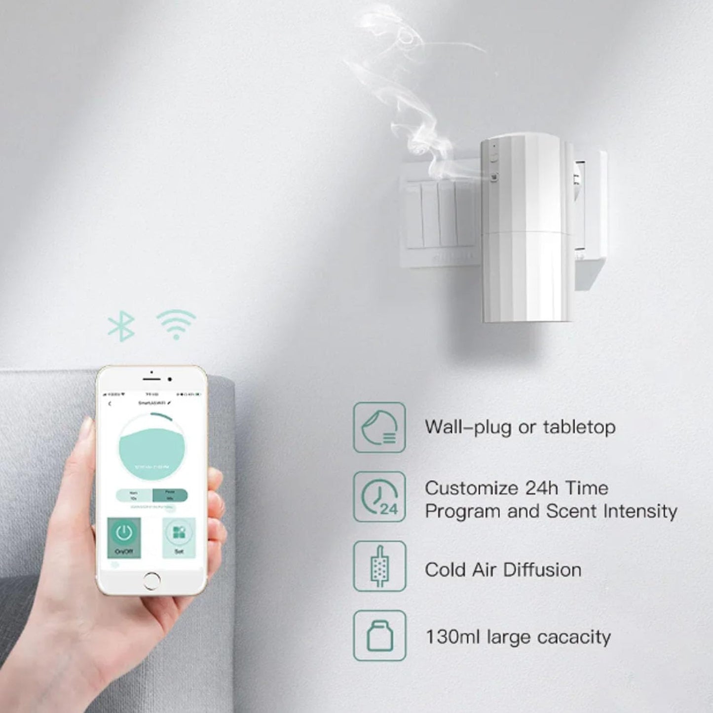 Wall Mounted Scent Air Machine 130ml Smart Waterless Nebulizing Aromatherapy Essential Oil Diffuser Bluetooth WiFi Control for Large Room Spa Office(White)