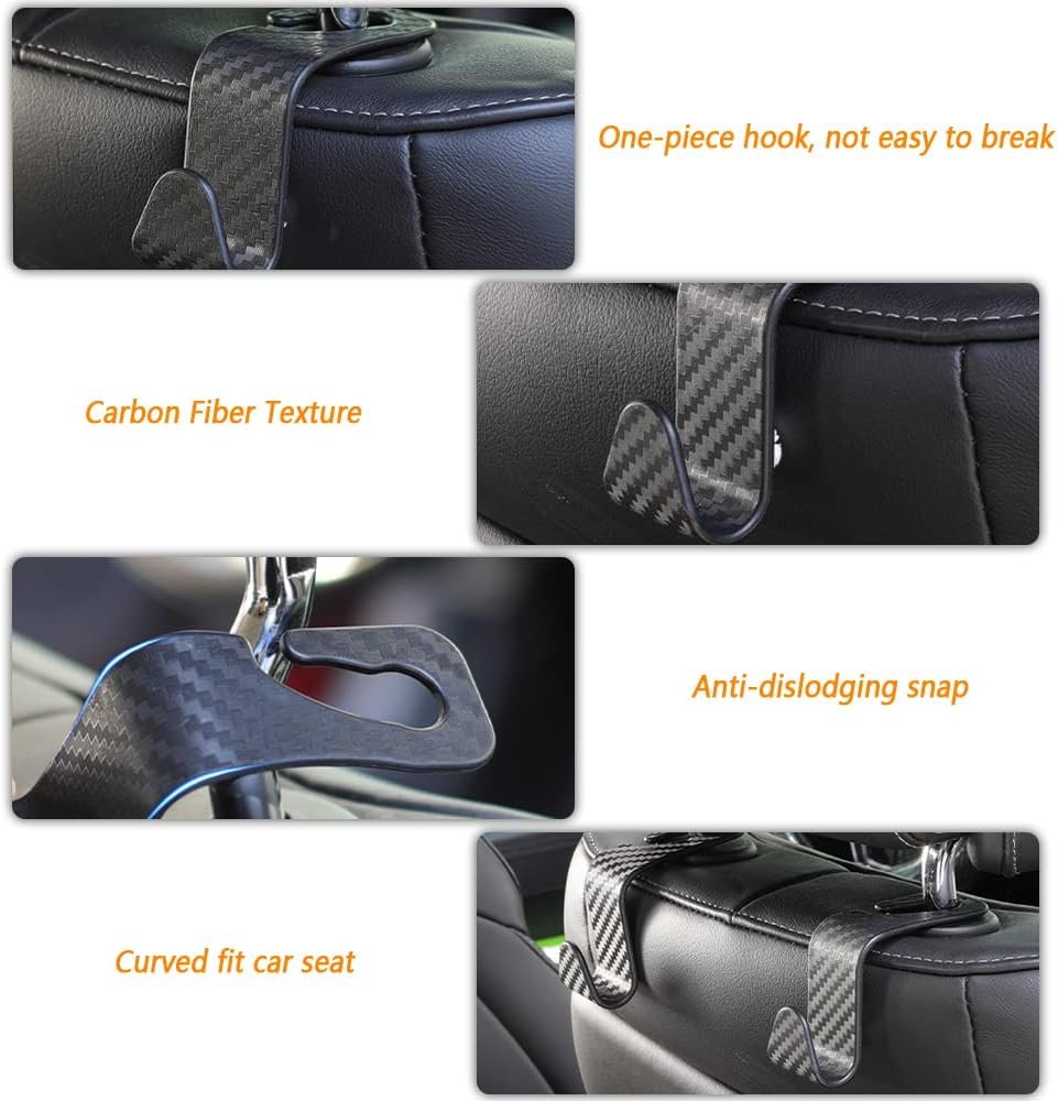 4PCS Headrest Hooks for Car,Cool Carbon Fibre Car Purse Holder Hook Multifunctional Car Phone Holder,Universal Car Interior Accessories Car Hooks for Seat (Carbon Fibre)
