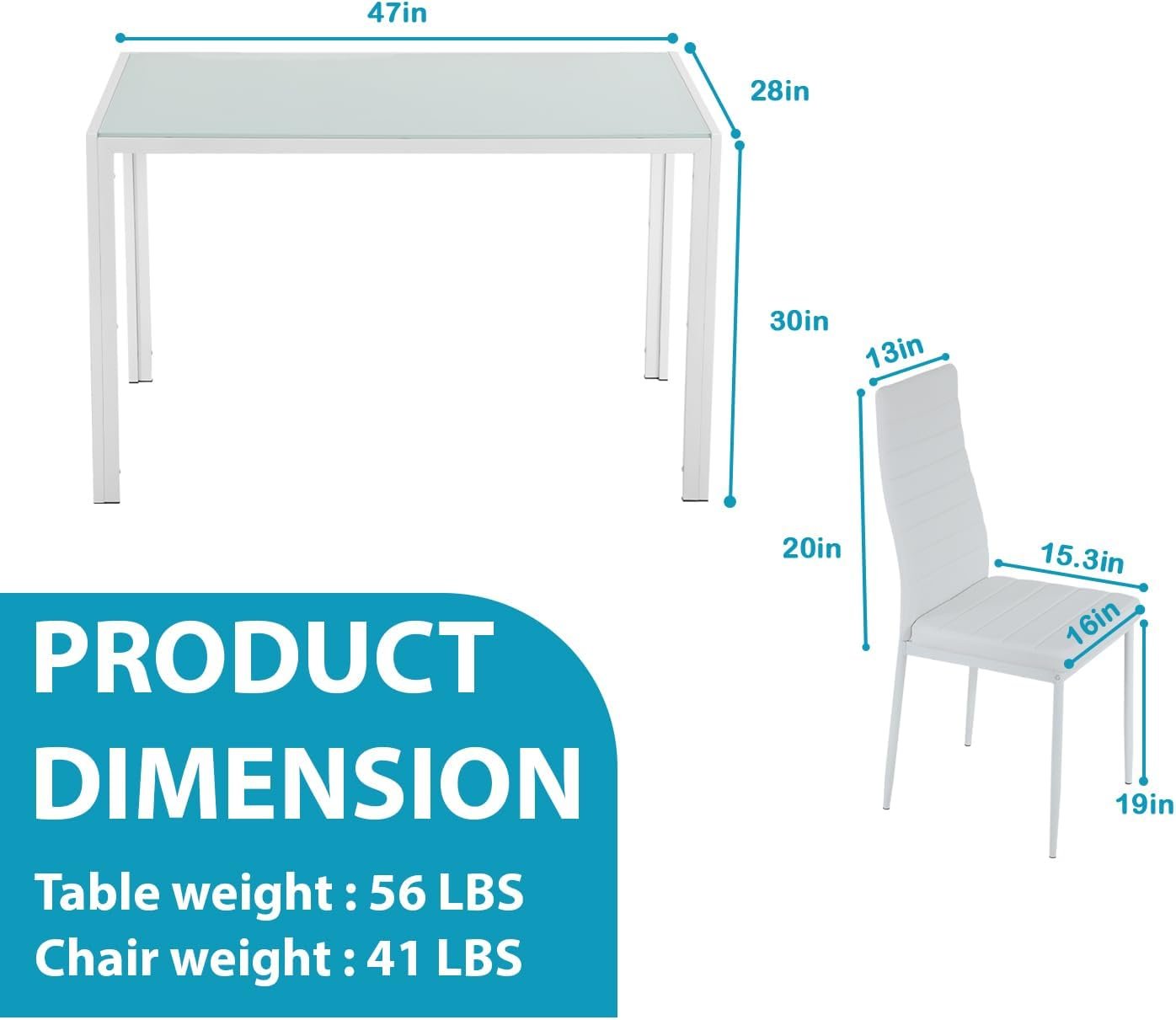 Dining Table Set 5-Piece, Glass Tabletop Kitchen Table & Chair Set,for Dining Room, Ideal for Kitchen, and Breakroom, 4 Faux Leather Metal Frame Chairs Sleek and Stylish Design,White