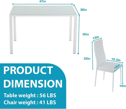 Dining Table Set 5-Piece, Glass Tabletop Kitchen Table & Chair Set,for Dining Room, Ideal for Kitchen, and Breakroom, 4 Faux Leather Metal Frame Chairs Sleek and Stylish Design,White