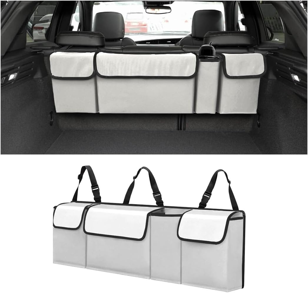 XINLIYA Car Trunk Organizer, Auto Waterproof Sturdy Backseat Hanging Large Storage Collapsible Cargo Bag with Anti-Slip Adjustable Strip&4 Pockets, Car Interior Accessories for Man Woman（White/Gray）