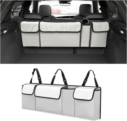 XINLIYA Car Trunk Organizer, Auto Waterproof Sturdy Backseat Hanging Large Storage Collapsible Cargo Bag with Anti-Slip Adjustable Strip&4 Pockets, Car Interior Accessories for Man Woman（White/Gray）