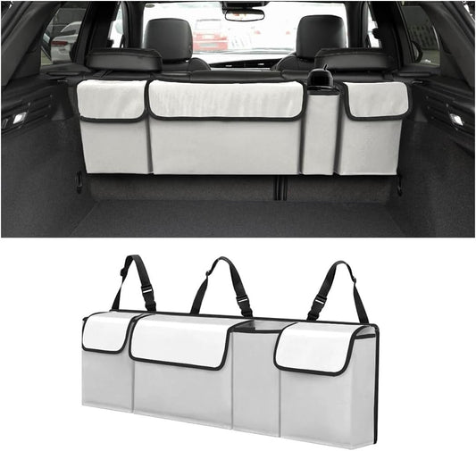 XINLIYA Car Trunk Organizer, Auto Waterproof Sturdy Backseat Hanging Large Storage Collapsible Cargo Bag with Anti-Slip Adjustable Strip&4 Pockets, Car Interior Accessories for Man Woman（White/Gray）