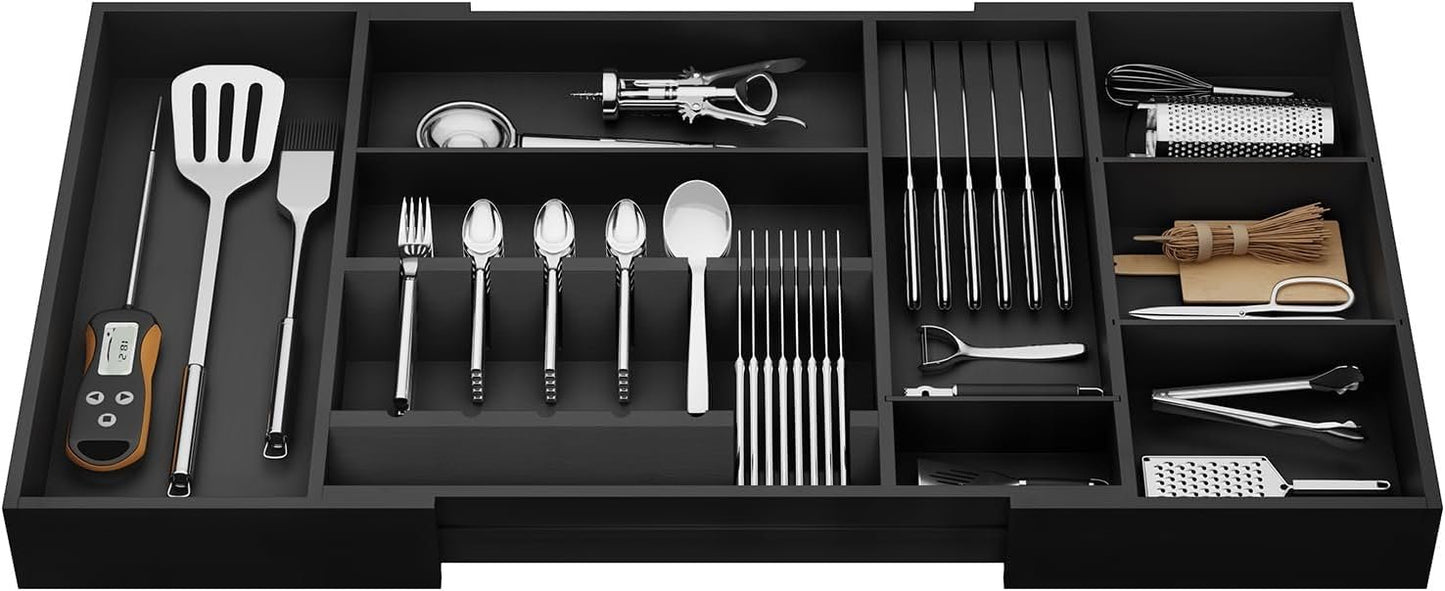 Landmok Large Bamboo Cutlery Organizer, 17.7-29.5 Inch Expandable Utensil Drawer Organizer, 8-Slot Kitchen Drawer Organizer with Removable Card Slots & Knife Block for Spoons Butter Knives, Black
