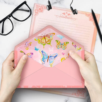 Watercolor Butterfly Stationery Paper (Lined Single Side) 48 Pieces and Self-Sealing Envelopes 24 PC Set, 27 lb Heavy Weight, Pink Letter Writing Stationary 11" x 8.5" with Letterhead