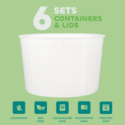 64 oz Food Storage Containers with Lids Pack of 6, Half Gallon Round Plastic Deli Container with Leak-Proof Lid, BPA-Free, Freezer, Dishwasher & Microwave Safe