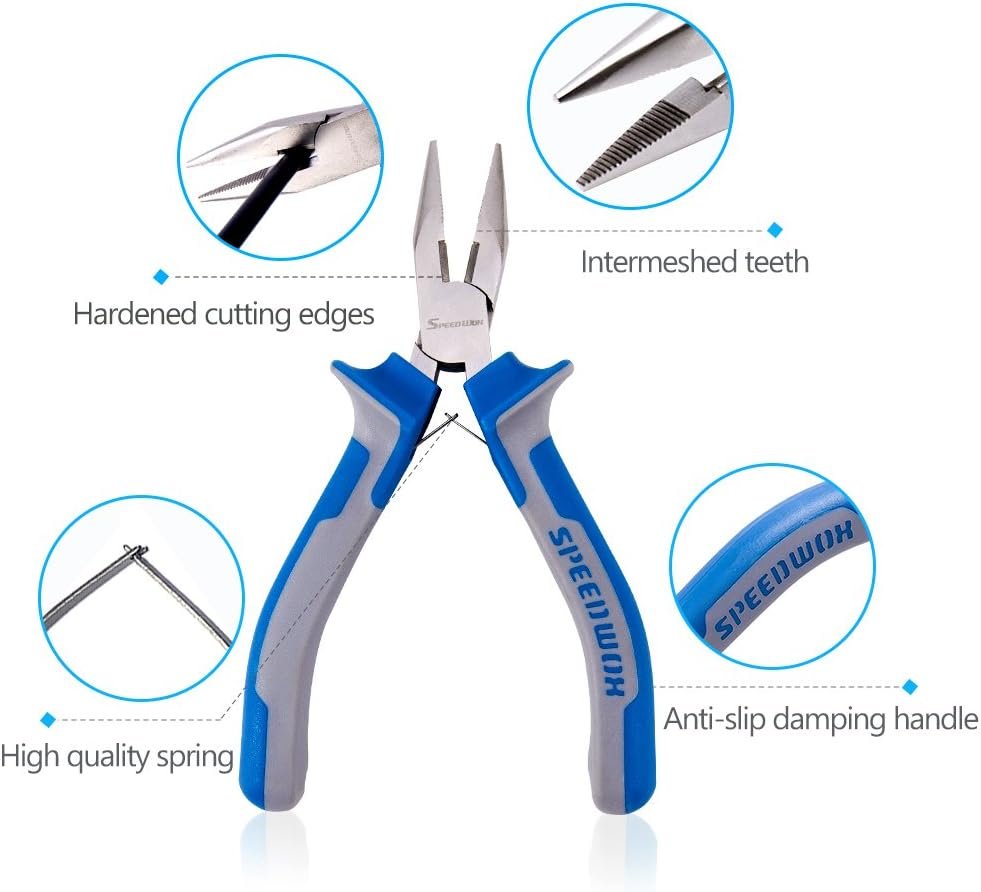 SPEEDWOX Long Nose Pliers Wire Cutters 5 inch Micro Side Cutting with Spring Fine Pliers Precision Small Jewelry Making Tool Serrated Jaws Professional Handle Craft Chrome Vanadium Steel