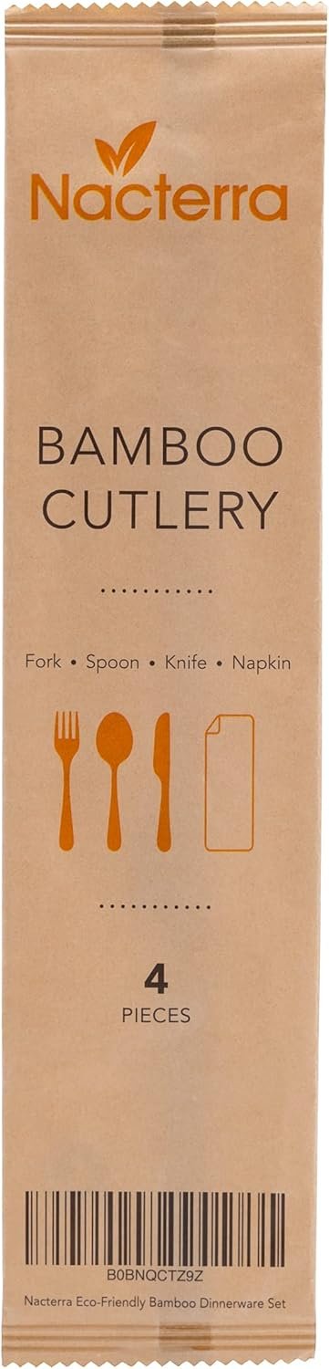 Nacterra Eco-Friendly Disposable Cutlery Set - Biodegradable Wooden Spoons, Forks, and Knives with 1 Napkin - 50 Packs - All Natural Bamboo Dinnerware Set