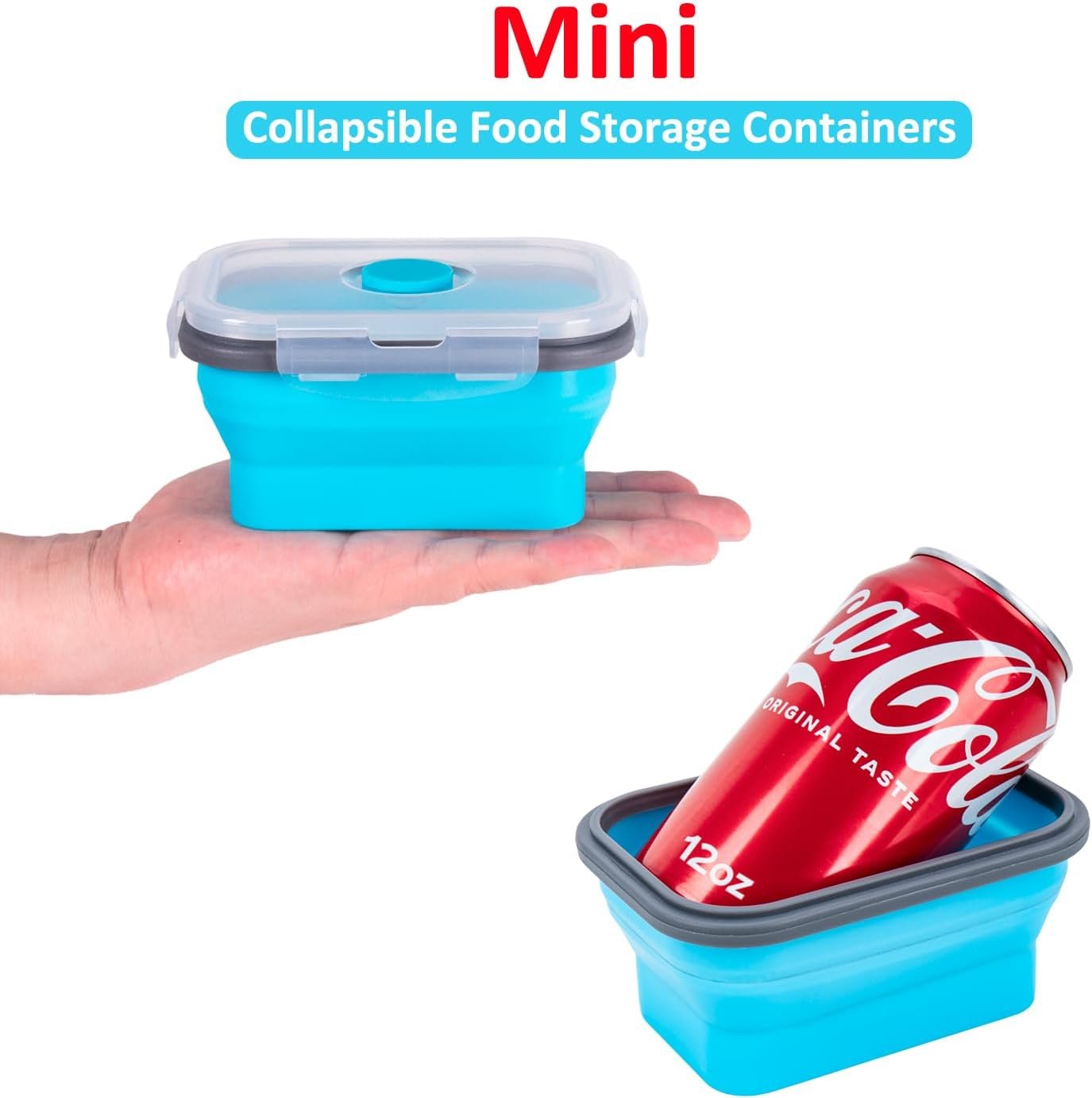 Collapsible Food Storage Containers with Airtight Lid and Vent Valve, Stacking Silicone Collapsible Storage Containers for Food, Microwave & Freezer & Dishwasher Safe, Blue, Small, Set of 4