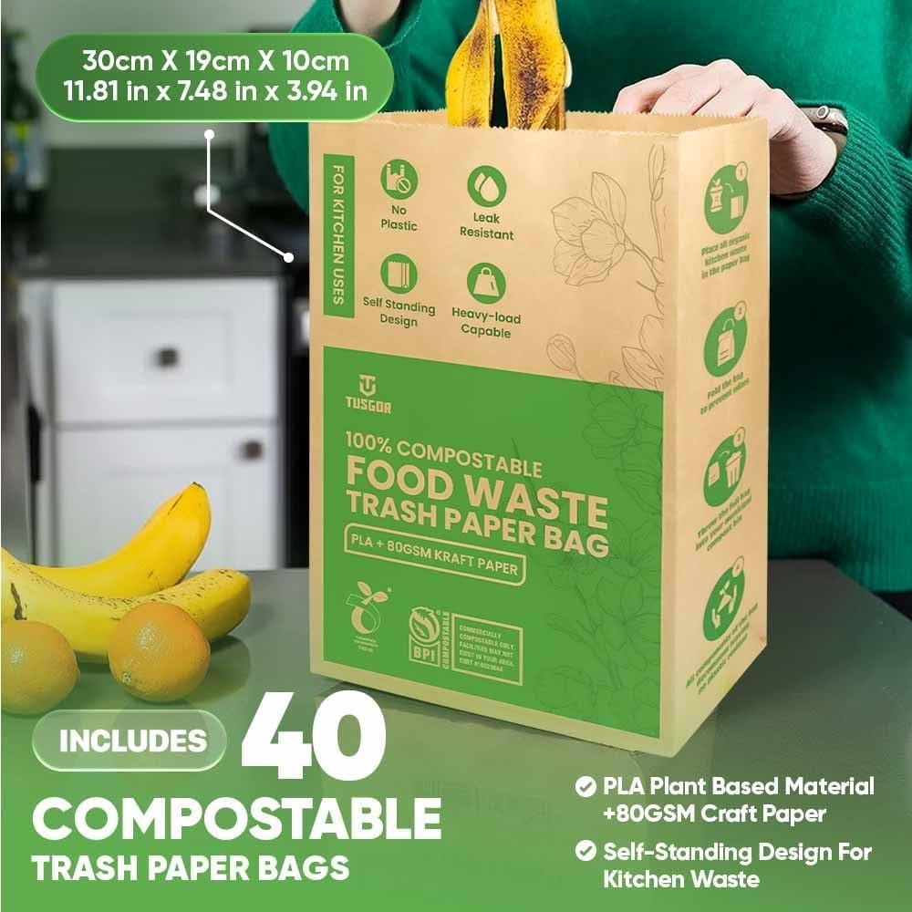 Kitchen Food Waste Bags â€“ 40 bags â€“ 100% Compostable Paper â€“ Leak-resistant liner â€“ Completely Plastic-free & Environmentally Friendly â€“ Certified by BNQ & BPI - 40 Brown Paper Compostable Bags (40)