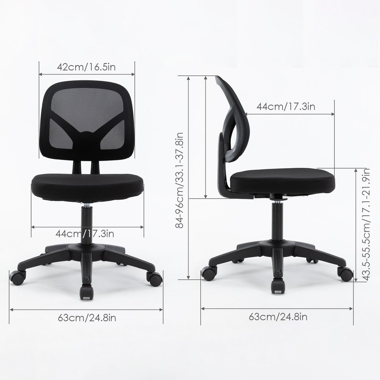 Moustache Task Office Desk Chair, Armless Executive Office Chair with Adjustable Height and Swivel Wheels for Home Studying Gaming (Black)