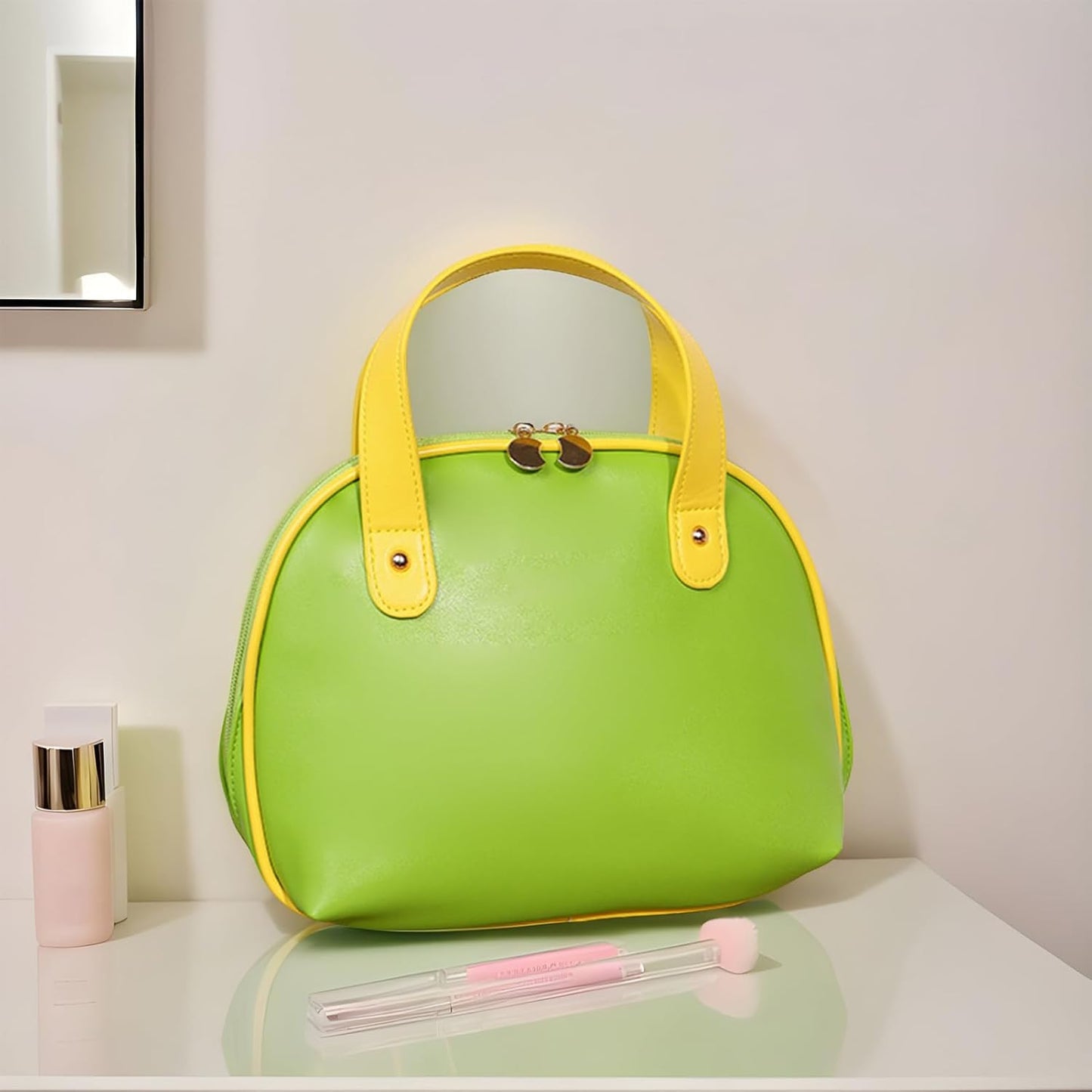 Cosmetic Bags Traveling, Travel Makeup Bag, 10,63 x 2,76 x 8,27 pollici, custodia in pelle impermeabile, spazzola sicura, compatta Beauty Organizer per viaggi e uso quotidiano, verde