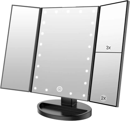 WEILY Vanity Makeup Mirror,1x/2x/3x Tri-Fold Makeup Mirror with 21 LED Lights and Adjustable Touch Screen Lighted Mirror Dressing Mirrors for Women(Black)