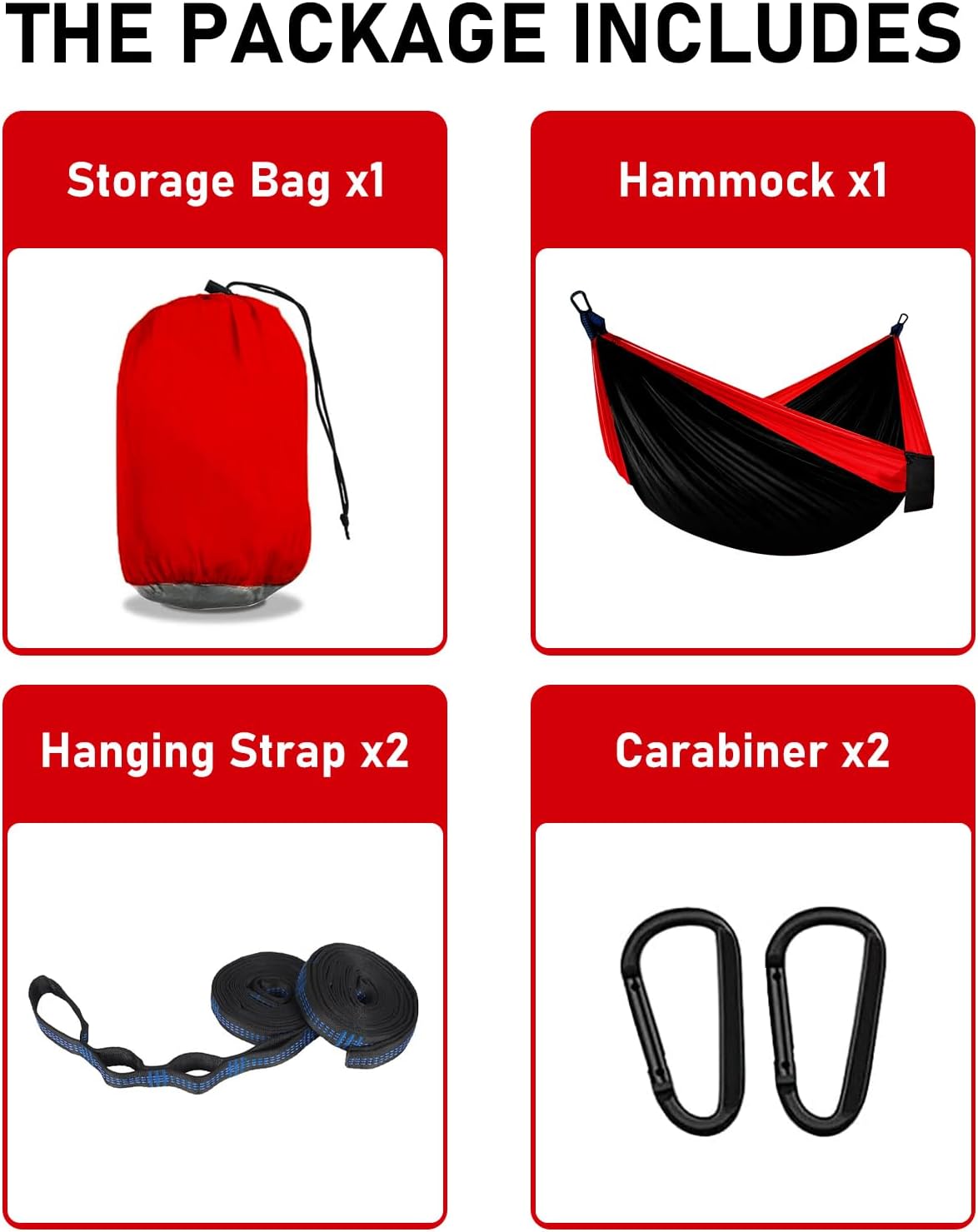 SOOPRNO Camping Hammock. Portable Double and Single Hammock with 2 Tree Straps and Attached Carry Bag. Camping Gear for Outdoor Hiking Camping Beach Backpacking Travel. (Black & Red)