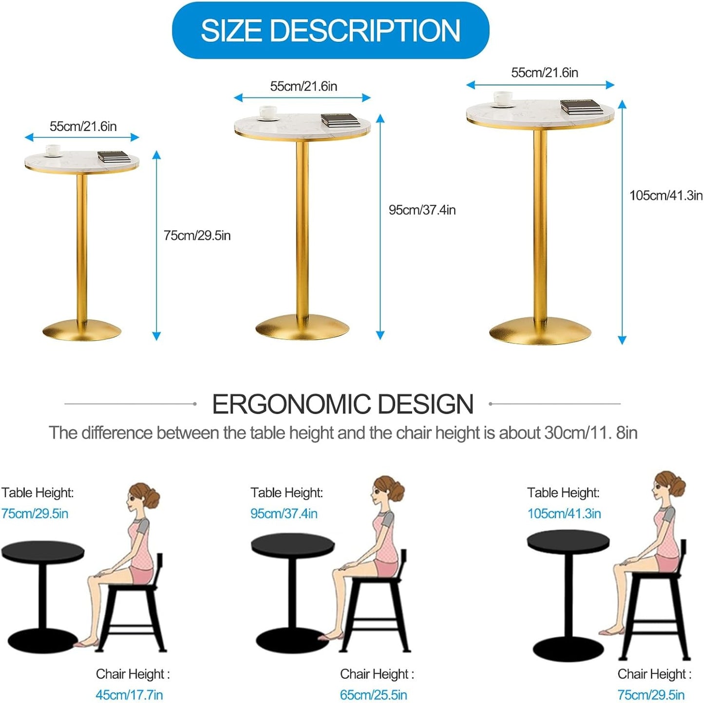 TWHZSAI Round Height Bar Pub Table/with Marble Tabletop And Gold Metal Sturdy Base Indoor-Outdoor Bar Bistro Height Table/Small Breakfast Bar Tall Tables for Kitchen,Dining Room,Living Room(Size:5