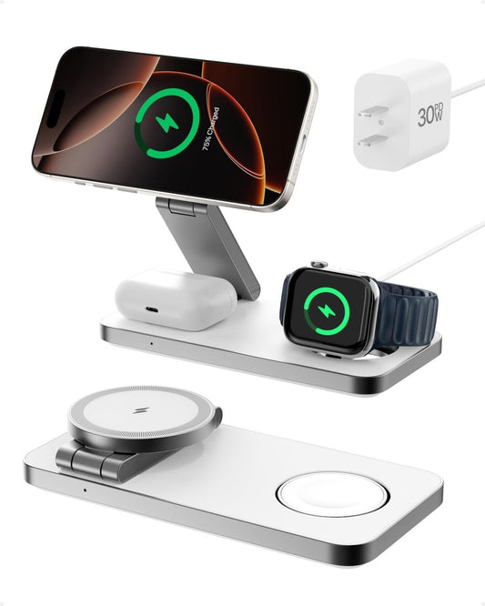 3-in-1 Foldable Wireless Charging Station,15W Qi2-Certified Wireless Charger for Magsafe iPhones,3 in 1 Magnetic Charger Stand for iPhone 16/15/14/13/12, Apple Watch and Airpods .(30W Adapter Include)