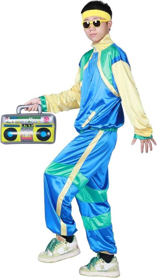 Angenster 80s 90s Fancy Dress Costume Men Women Diaco Costume Shell Suit with 4 Accessories Glasses Headband Wristbands Inflatable Radio 80s Fancy Dress Stags Costume for Adult