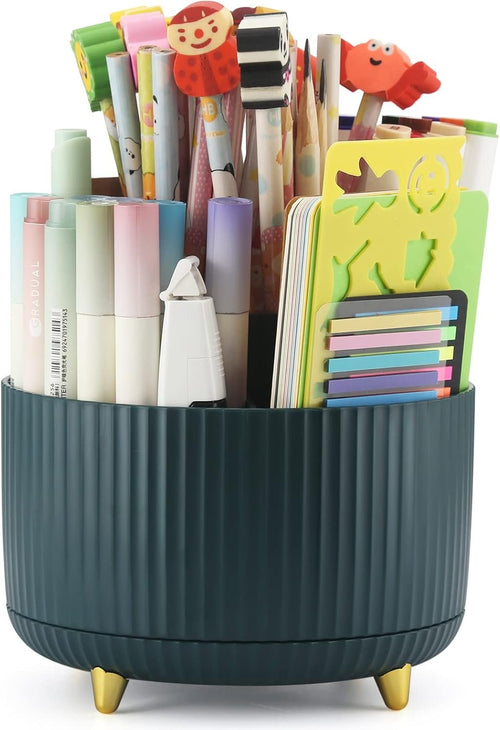 DOCMON Desk Organizer, Rotating Pen Pencil Holder for Desk, Spinning Desk Pen Organizer, Cute 5 Slots Pen Cup Pencil Cup for School, Office, Home - Dark Green