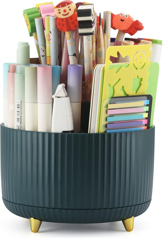 DOCMON Desk Organizer, Rotating Pen Pencil Holder for Desk, Spinning Desk Pen Organizer, Cute 5 Slots Pen Cup Pencil Cup for School, Office, Home - Dark Green