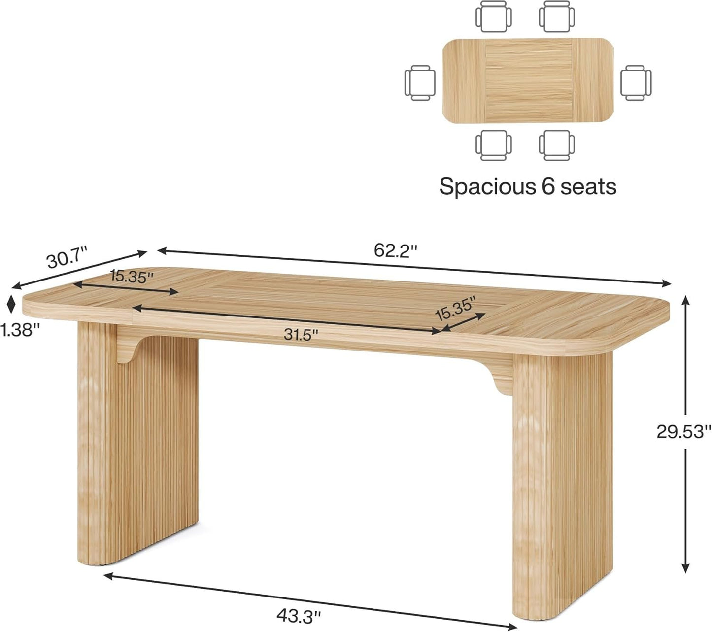 Tribesigns Farmhouse Dining Table for 4-6 People, 62-Inch Modern Kitchen Table with Double Robust Pedestal, Long Rectangular Wooden Dinner Table for Dining Room, Natural (Only Table)