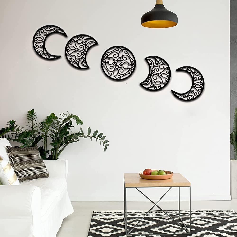 Moon Wall Decoration, Moon Phase Wall Art Decoration Hanging (5 Pieces) Nordic Wood Moon Appearance Natural Design Moon Interior, Boho Bedroom Decor Home Wall Decor (Black)