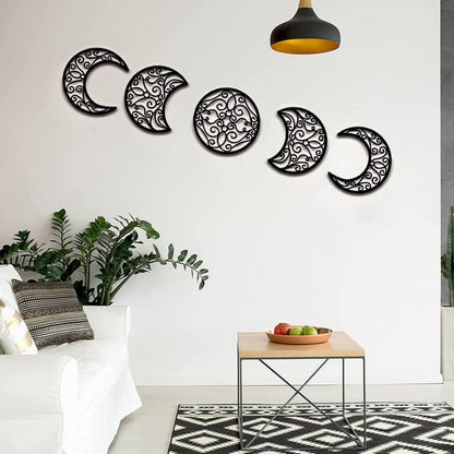 Moon Wall Decoration, Moon Phase Wall Art Decoration Hanging (5 Pieces) Nordic Wood Moon Appearance Natural Design Moon Interior, Boho Bedroom Decor Home Wall Decor (Black)