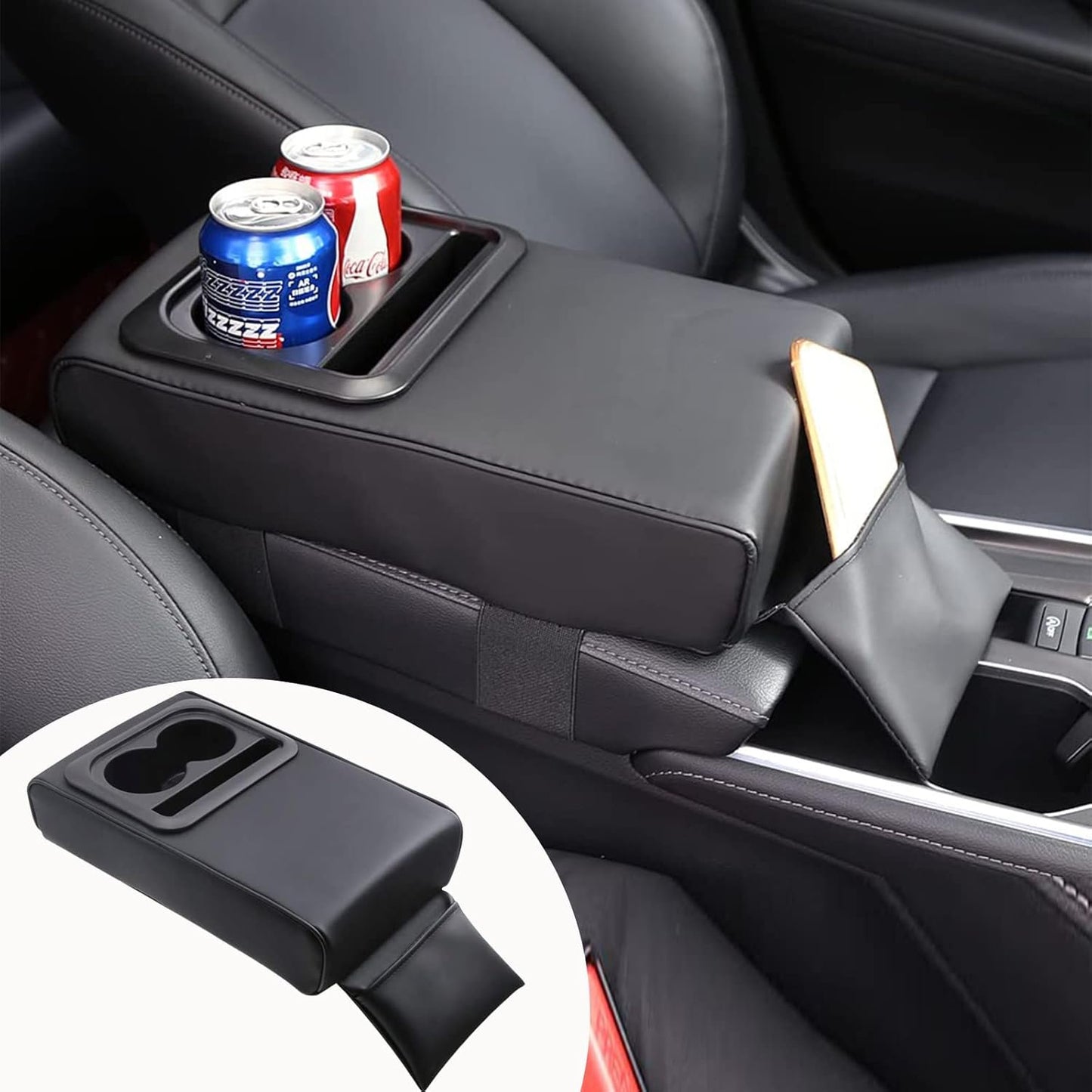 Car Center Console Armrest Cushion, Universal Leather Memory Foam Armrest Cover Pillow with Bling Coaster, Auto Arm Rest Support Pad Protector Interior Accessories