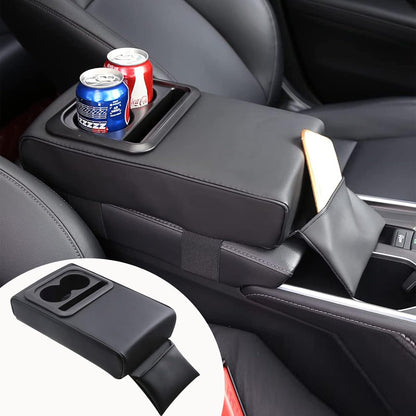 Car Center Console Armrest Cushion, Universal Leather Memory Foam Armrest Cover Pillow with Bling Coaster, Auto Arm Rest Support Pad Protector Interior Accessories