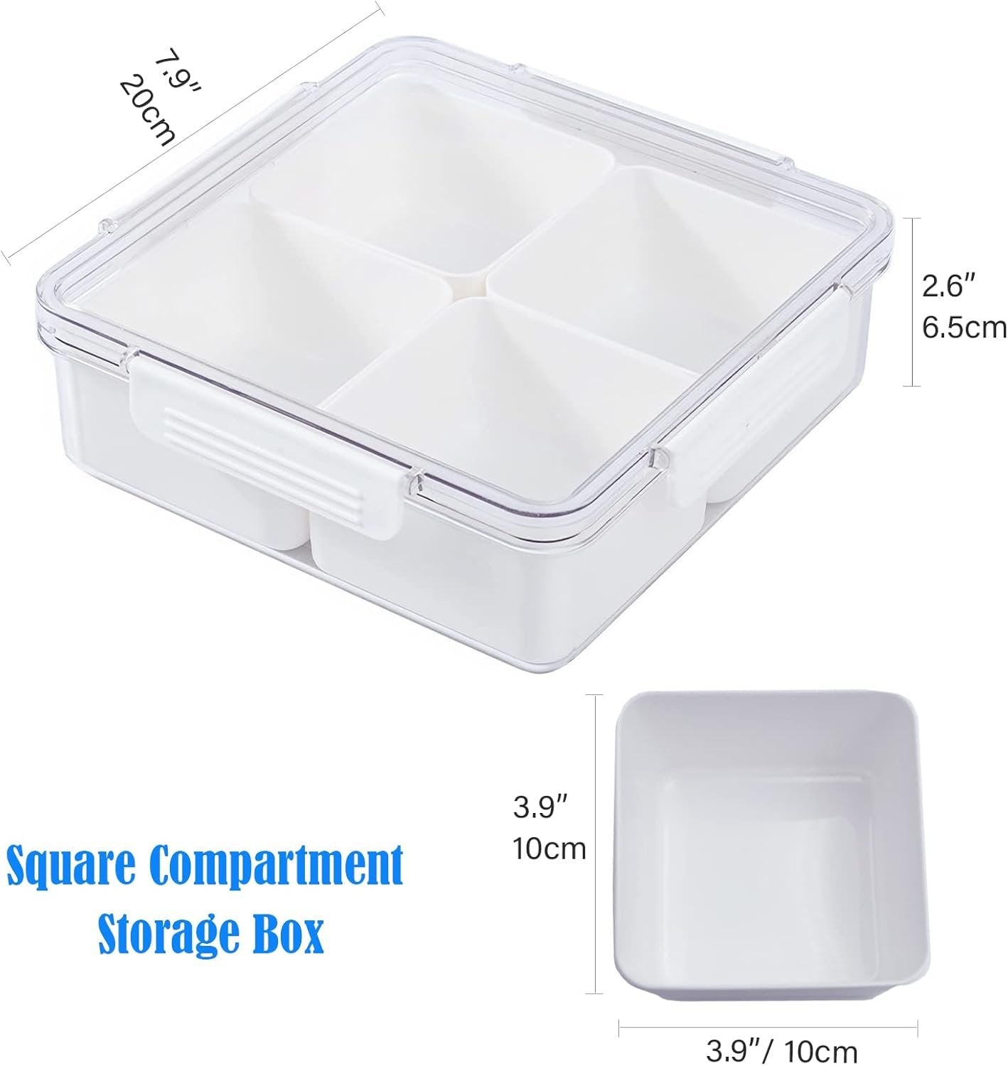 Famiredo Food Storage Organizer with Lid, Divided Serving Tray with 4 or 5 Removable Boxes, Stackable Refrigerator Organizer Bins Produce Saver for Meal Prep (Square)