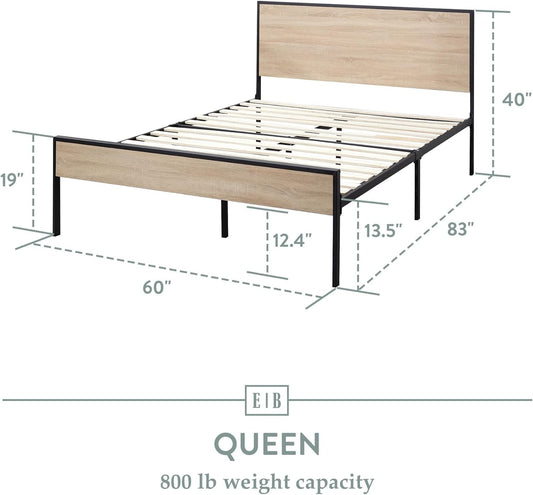 Edenbrook Carson Metal Frame with Wood Headboard and Footboard-Queen Bed, Brown Platform, White Oak