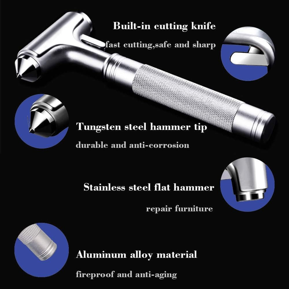 Car Safety Hammer with Whistle, Car Window Emergency Escape Breaker with Seat Belt Cutter, Aluminum Alloy Automotive Life Saving Rescue Tools (Silver)