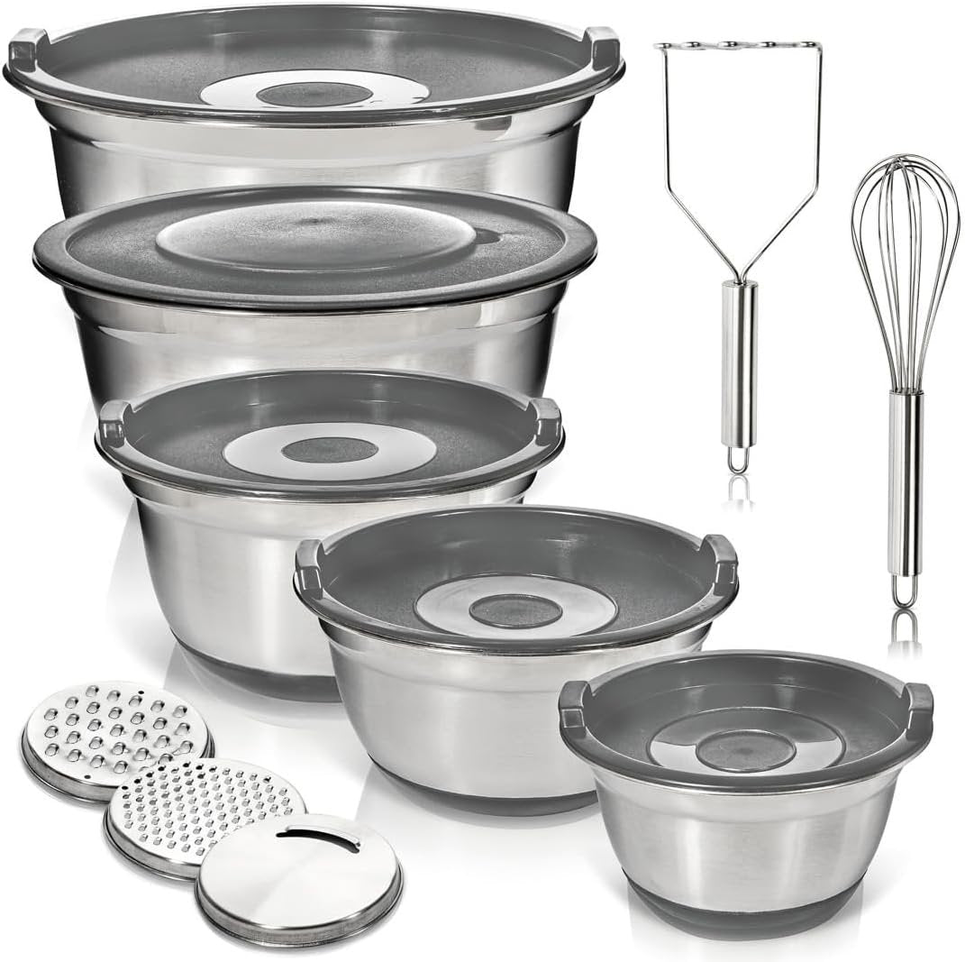 WHYSKOÂ® Stainless Steel Mixing Bowls With Lids Plus Stainless Steel Whisk, Potato Masher and Grater Lids, 5 Nesting Mixing Bowls And Kitchen Tools for Meal Prep, Cooking, Baking, Serving, Food Storage