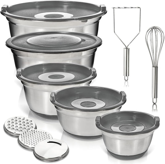WHYSKOÂ® Stainless Steel Mixing Bowls With Lids Plus Stainless Steel Whisk, Potato Masher and Grater Lids, 5 Nesting Mixing Bowls And Kitchen Tools for Meal Prep, Cooking, Baking, Serving, Food Storage