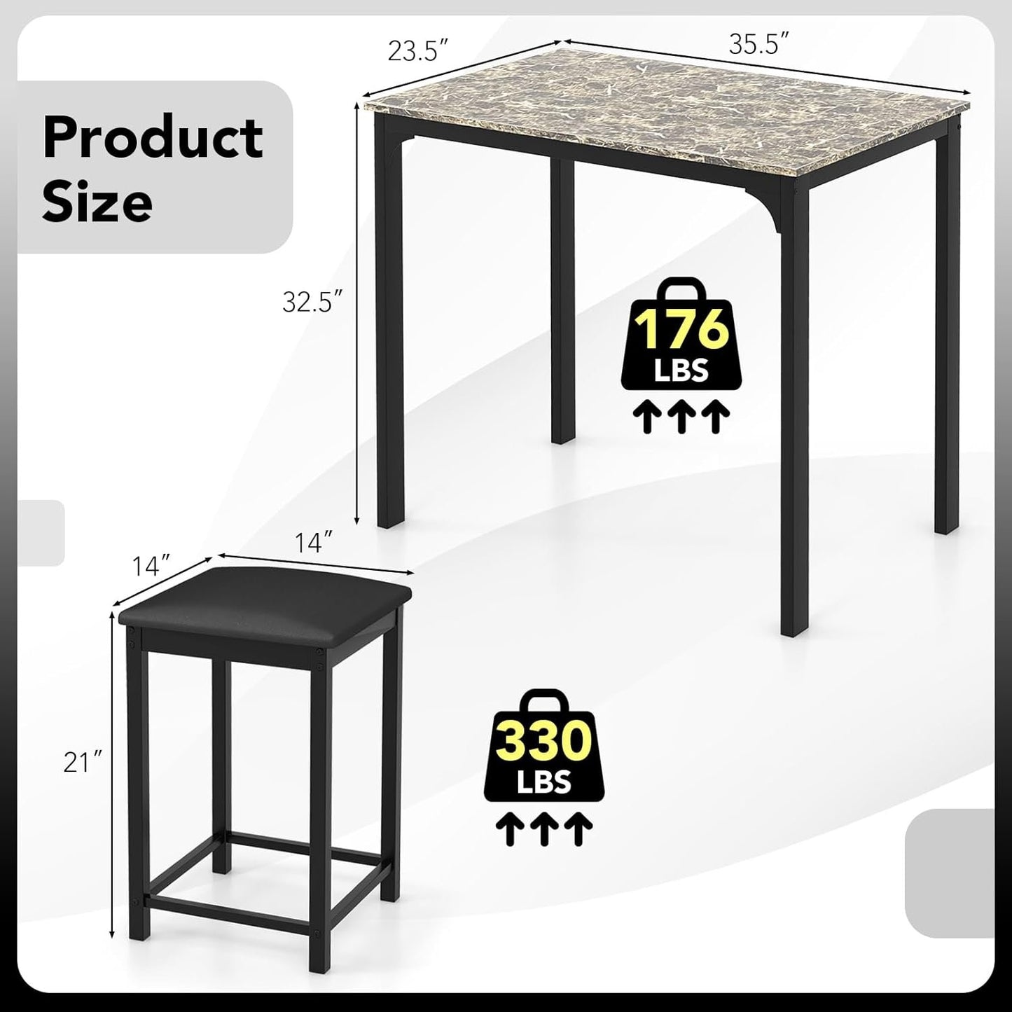 COSTWAY Small Dining Table for 2, Space Saving Dinette Set w/Counter Height Table & 2 Upholstered Bar Stools, Breakfast Nook Table Set, 3-Piece Kitchen Table Chairs Set for 2 for Dorm (Mixed Black)