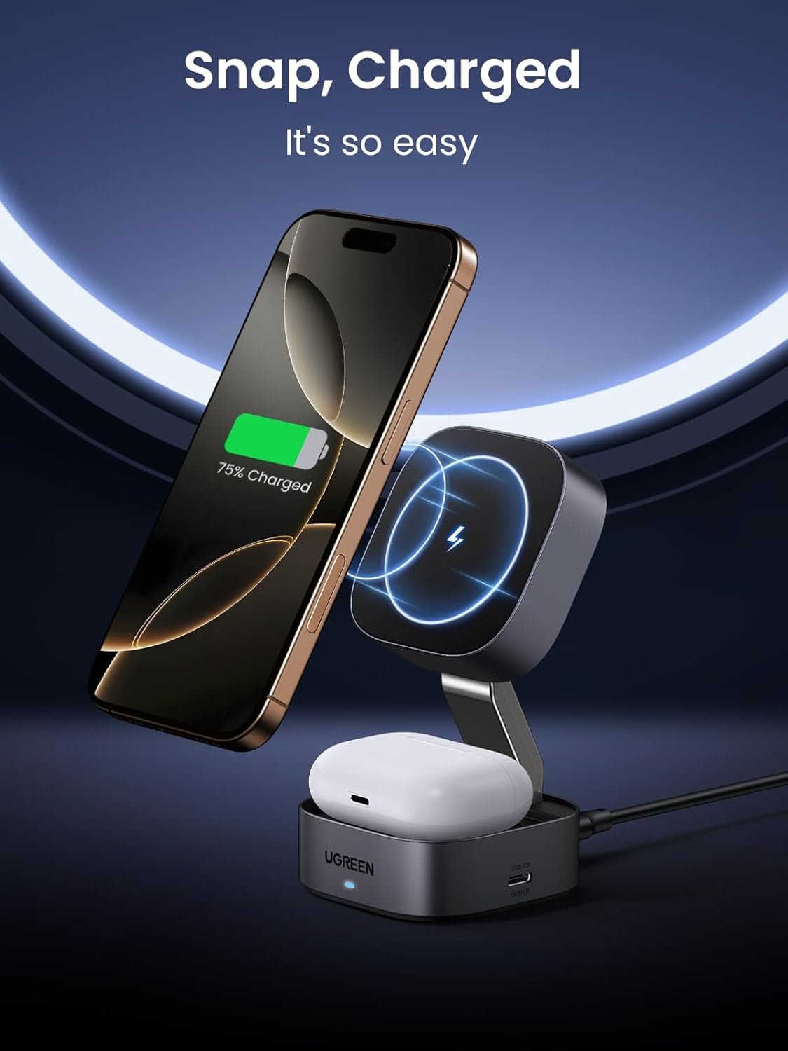 UGREEN MagFlow Wireless Charger, 15W Fast Charge, 2 in 1 Magsafe Charging Stand, Portable Travel Essential, Compatible with iPhone 16/15/14/13/12 Series, AirPods 3/2/Pro (No AC Adapter)