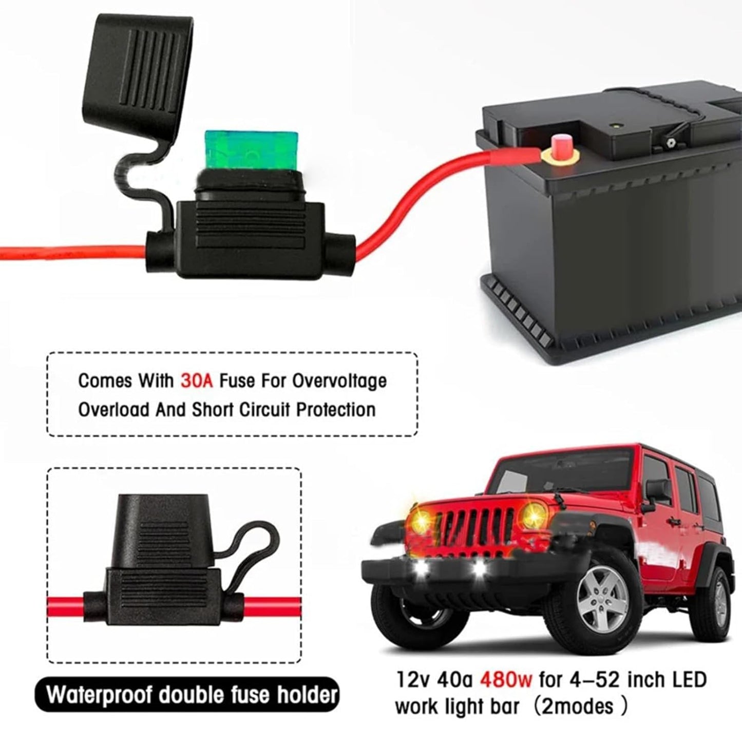 Light Wiring Kit, Harness Relay Fuse Durabled Lead Wire, Fog Light Electrical Gear for Easy Installation, Compatible with Work Lights Vehicle Lighting Accessories