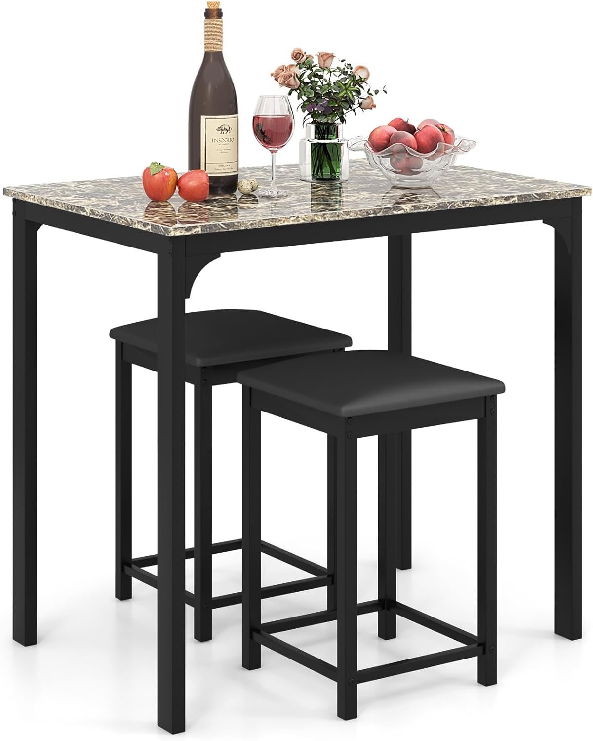 COSTWAY Small Dining Table for 2, Space Saving Dinette Set w/Counter Height Table & 2 Upholstered Bar Stools, Breakfast Nook Table Set, 3-Piece Kitchen Table Chairs Set for 2 for Dorm (Mixed Black)