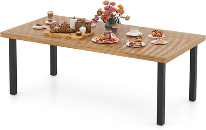 HAPPYGRILL Patio Dining Table for 8, 79" Large Rectangle Table with Acacia Wood Tabletop & Heavy Duty Metal Legs, Outdoor Dining Table with 2" Umbrella Hole for Backyard, Lawn & Garden
