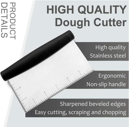 Bench Scraper & Chopper, Aufondof Metal Dough Cutter Pastry Scraper for Cake Pizza Bread, Multi-Purpose Kitchen Gadgets for Baking Cooking, Rubber Grip & Measuring Markings