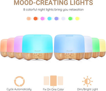 Homeweeks 300ml Essential Oil Diffuser, Quiet Aromatherapy Mist Diffusers for Essential Oils, Wood Grain, Ultrasonic, Remote Control, Timer, 7 Colors Light for Bedroom (300ml)