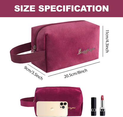 Easyplum Makeup Bag Travel Toiletry Bag,Velvet Make Up Bags for Women Makeup Organizer Case, Wide-Open Pouch Purse Travel Essentials Toiletries Accessories Brushes, (Rose Red)