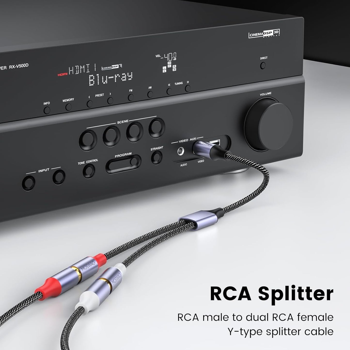 MOSWAG RCA Y Splitter Cable Adapter - 1 Male to 2 Female Audio Speaker Adapter (2 Pack) Compatible With Subwoofers, Speakers, Home Theatres
