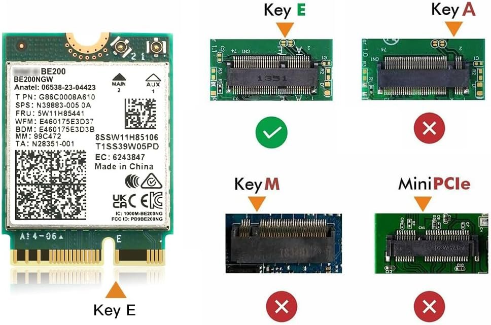 M.2 WiFi 7 Card Key E BE200 Wireless BT5.4 WiFi Network Adapter 2.4G/5G/6GHz 9.3Gbps for WiFi7/WiFi6E/WiFi6/WiFi5 Router Gaming PC Laptops Support Windows 10/11 Not Support AMD Motherboards