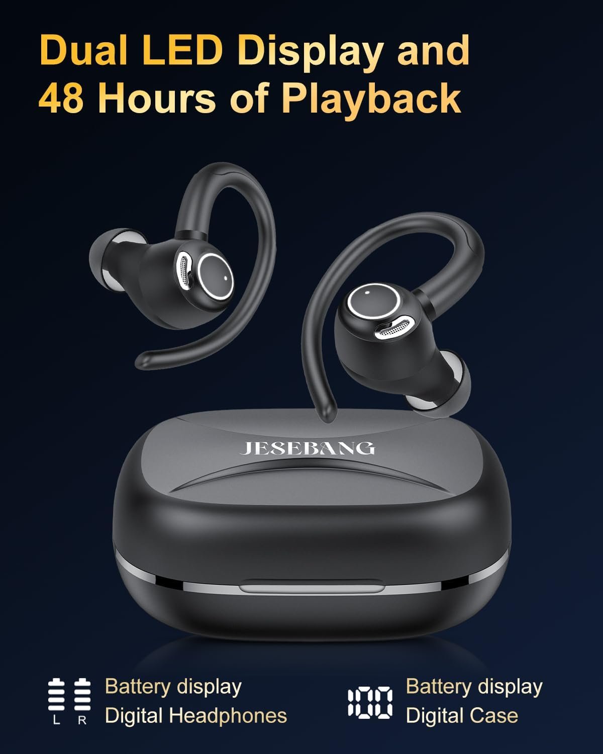 Wireless Earbuds, Bluetooth 5.3 Headphones, New Wireless Earphones HiFi Stereo Sound with 4 ENC Mic, IP7, Sport Bluetooth Earbuds in Ear EarHooks for Running, 48H Dual LED Display Ear Buds, Deep Black