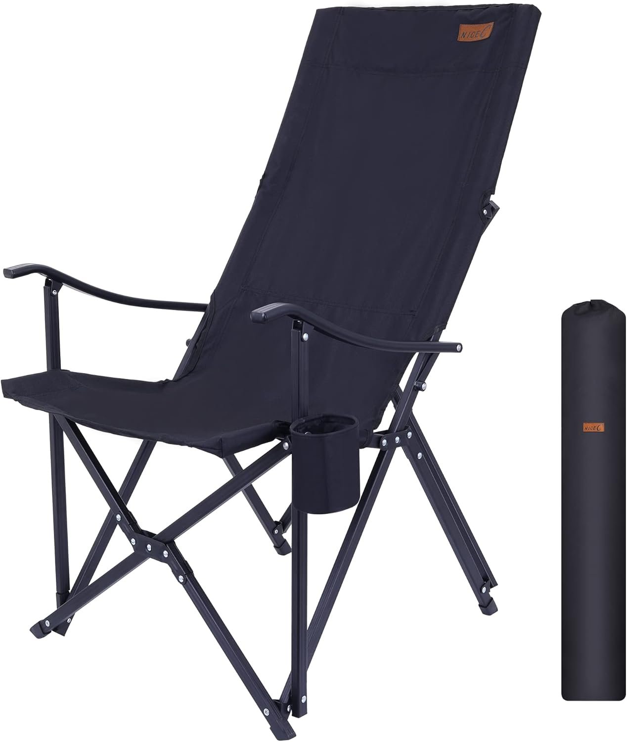 Nice C Lawn Chairs, Outdoor Chair, Camping Chair, Chaise de Camping, Patio Chair, Folding Chair, High Back Camping Chair, High Back Lawn Chair, Compact Chair with Cup Holder & Carry Bag (1-P Black)