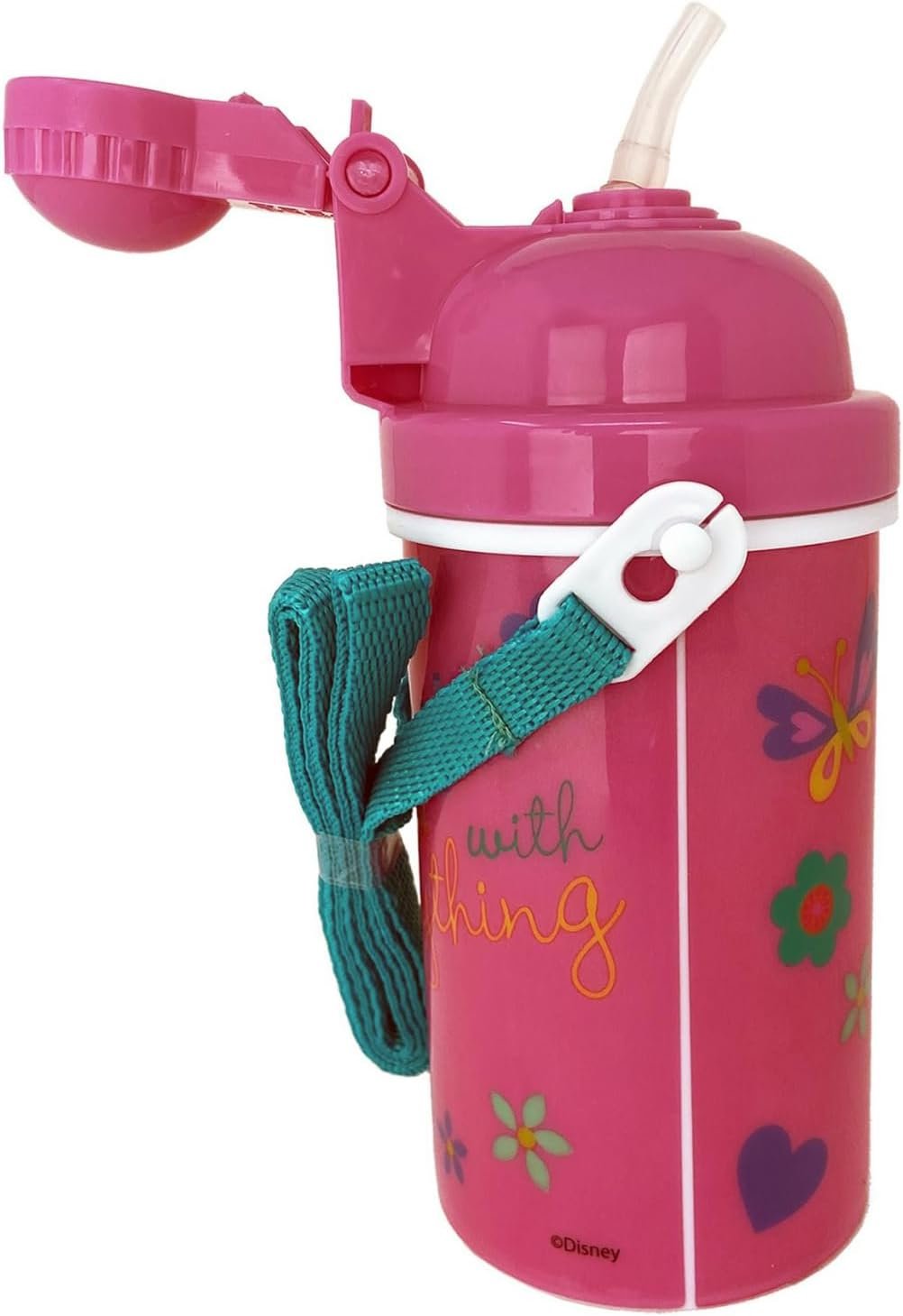 Zak Designs Disney Classic Minnie Carrying Strap One Touch Water Bottles with Reusable Built in Straw - Safe Approved BPA Free, Easy to Clean (Minnie Canteen 16.9oz)